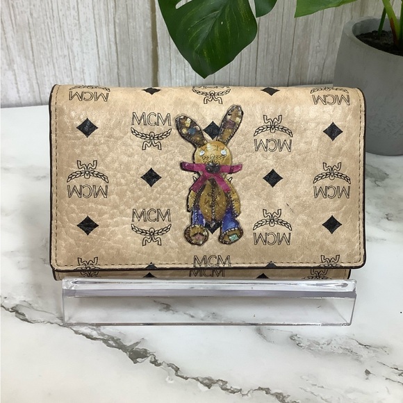 GUC MCM Limited Edition Visetos Trifold Wallet with Colorful Bunny Appliqué
